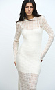 Ажурное платье длины миди из тонкой пряжи супер кид мохера и беби альпака. Модель приталенного силуэта, с длинными рукавами и круглым вырезом горловины. Платье-комбинация из вискозы в комплекте. 