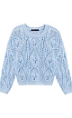 Трикотажный джемпер из хлопка, выполненный ажурной вязкой с орнаментом. Модель свободного силуэта с длинными рукавами и круглым вырезом горловины. Манжеты и низ изделия выполнены в рубчик.