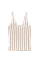 Трикотажная майка из 100% льна. Модель на широких бретелях, с глубокой проймой, U-образным вырезом горловины и валиком по низу. Изделие выполнено в вертикальную полоску.