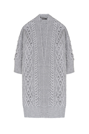 серый Длинный трикотажный кардиган с рельефным узором и широким поясом. Модель свободного силуэта со спущенным плечом и широкими манжетами. Края изделия в рубчик.