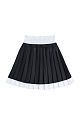 Трикотажная юбка плиссе длины мини из вискозы. Модель с широким эластичным поясом в рубчик. Пояс и нижняя часть юбки выполнены из пряжи контрастного цвета.