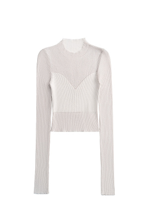 бежевый Трикотажный кроп-топ из тонкого хлопка с добавлением вискозы. Модель приталенного силуэта, с длинными рукавами и круглым вырезом горловины. Изделие выполнено в комбинированной вязке, сочетая полупрозрачную и более плотную текстуры, создавая акцент на лифе. 