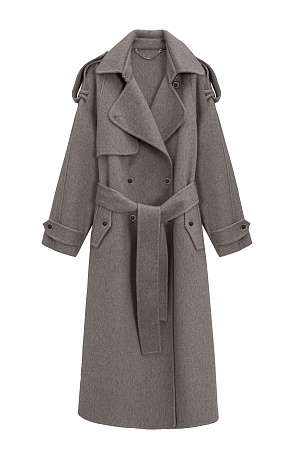 коричневый Длинное двубортное шерстяное пальто с добавлением верблюжьей шерсти. Модель прямого свободного силуэта с отложным воротником и боковыми карманами. Изделие декорировано отлетной кокеткой и широкими лацканами на плечах. На талии расположены шлевки, через которые продевается пояс, выполненный из того же материала, что и пальто. Без подкладки. 