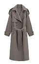 Длинное двубортное шерстяное пальто с добавлением верблюжьей шерсти. Модель прямого свободного силуэта с отложным воротником и боковыми карманами. Изделие декорировано отлетной кокеткой и широкими лацканами на плечах. На талии расположены шлевки, через которые продевается пояс, выполненный из того же материала, что и пальто. Без подкладки. 