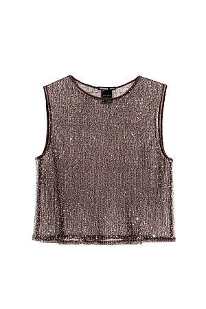 коричневый Прозрачный топ без рукавов, с круглым вырезом горловины. Модель декорирована пайетками. 