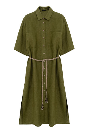 хаки Платье-рубашка длины миди из 100% льна. Модель свободного силуэта, с коротким рукавом, спущенной линией плеча и накладными карманами на груди. Плетенный пояс в этническом стиле в комплекте. 