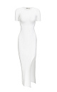 Облегающее трикотажное платье длины миди из вискозы. Модель приталенного силуэта, с короткими рукавами, круглым вырезом горловины, вырезом на спине и высоким разрезом сбоку.