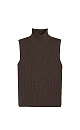 Трикотажный жилет из шерсти с добавлением акрила. Модель прямого силуэта, без рукавов, с декоративными сбавками на груди и высоким воротником с валиком. Дополнить образ можно юбкой в таком же стиле.