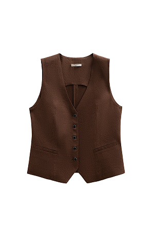 коричневый Классический жилет из 100% льна. Модель прямого кроя, с V-образным вырезом, карманами и застежкой на пуговицы.