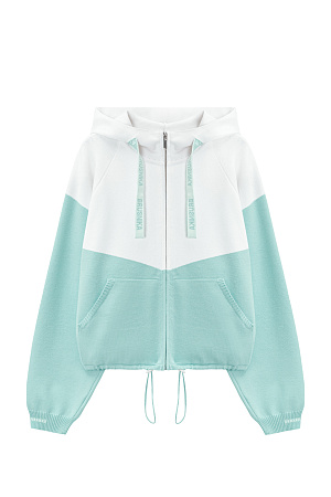 ментол Трикотажный бомбер из вискозы с добавлением эластана. Модель выполнена в спортивном стиле, с капюшоном на шнурке и карманами. Низ изделия регулируется кулиской. Манжеты на резинке. Застежка на молнию.