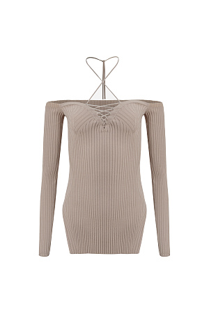бежевый Трикотажные топ из вискозы. Модель с длинными рукавами, разрезами по бокам и глубоким декольте со шнуровкой.