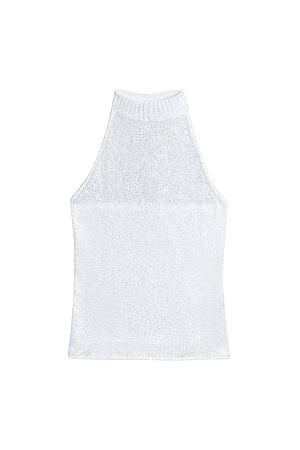 белый Трикотажный топ из хлопка с пайетками. Модель свободного кроя с американской проймой, высоким воротом и открытой спинкой. 