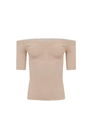 бежевый Трикотажный топ в рубчик с открытыми плечами.