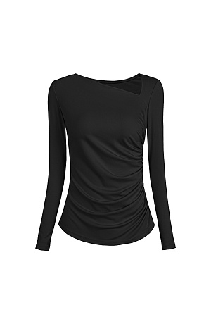 черный Лонгслив с асимметричным вырезом. Модель приталенного силуэта с драпировкой сбоку.