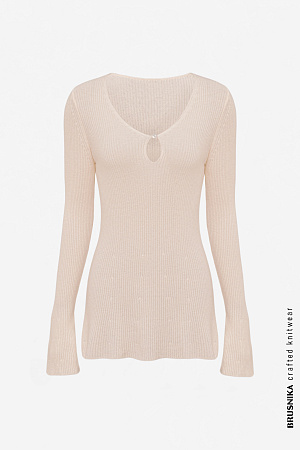 бежевый Джемпер из 100% кашемира с V-образным вырезом и "капелькой" на груди на пуговице