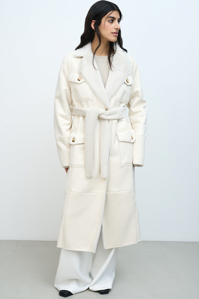 Дубленка из экомеха с поясом