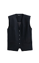 Классический жилет из поливискозы. Модель прямого кроя с имитацией карманов и V-образным вырезом. Изделие на подкладке. Застежка на пуговицы.