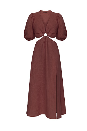 коричневый Плать из 100% льна с разрезом сбоку и вырезом на талии. Рукава-фонарики.
