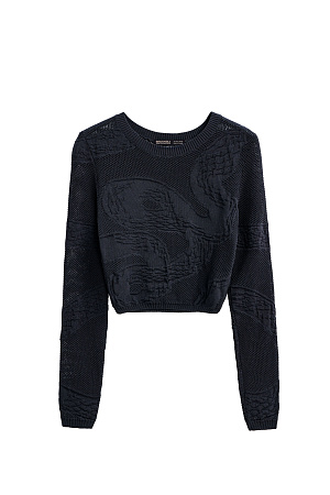 черный Трикотажный топ из органического хлопка. Молель укороченного силуэта, с длинными рукавами и круглым вырезом горловины. Изделие декорировано жаккардовым узором в виде змеи. Без подкладки.<br />
Органический хлопок - более экологичная и безопасная альтернатива обычному хлопку, выращенная без использования химикатов.