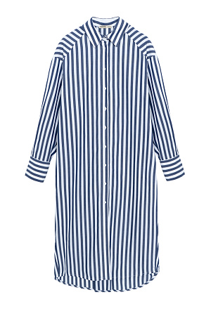 синий Платье-рубашка из 100% хлопка. Модель свободного силуэта, со спущенной линией плеча, длинными рукавами с манжетами и отложным воротником. Застежка на пуговицы. 