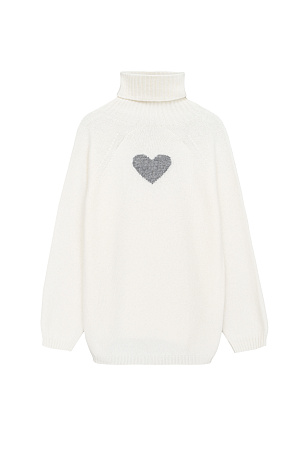 белый Трикотажный oversize джемпер из шерсти с добавлением кашемира. Высокий воротник в рубчик, спущенный рукав и удлиненная спинка с жаккардовым рисунком в виде сердца.