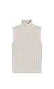 Трикотажный жилет из шерсти с добавлением акрила. Модель прямого силуэта, без рукавов, с декоративными сбавками на груди и высоким воротником с валиком. Дополнить образ можно юбкой в таком же стиле.