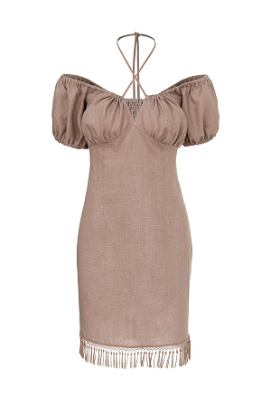 бежевый Платье из 100% льна с бахромой и на тонкой кулиске вокруг шеи.