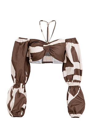 коричневый Короченный топ из 100% вискозы. Модель на кулиске, с длинным рукавом. Спинка изделия выполнена на резинке. 