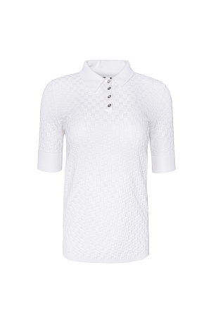 белый Трикотажная футболка-поло из вискозы. Модель приталенного силуэта, с короткими рукавами с манжетами, отложным воротником и застежкой на пуговицы на планке. 