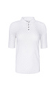 Трикотажная футболка-поло из вискозы. Модель приталенного силуэта, с короткими рукавами с манжетами, отложным воротником и застежкой на пуговицы на планке. 