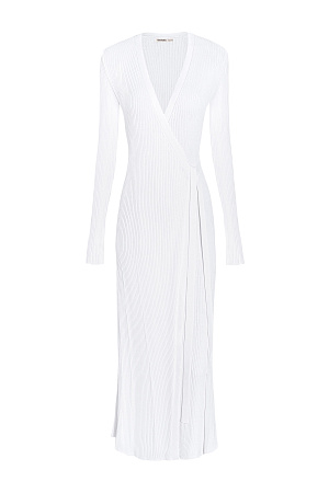 белый Длинное платье на запах из плотной вискозы с длинными расклешенными рукавами и поясом.