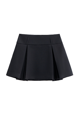 черный Юбка длины мини из поливискозы. Модель с высоким поясом, дополненым шлевками для ремня. Изделие декорировано закрытыми веерными складками. Застежка на молнию.