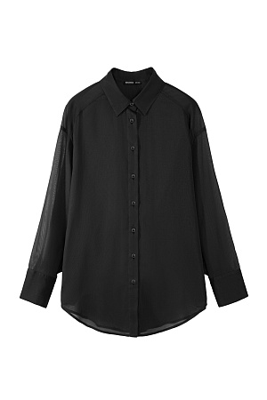 черный Классическая рубашка из тонкого шелка и хлопка. Модель свободного кроя, с отложным воротником, длинными рукавами с манжетами на пуговицах. Нижний край изделия выполнен полукругом. Застежка на пуговицы.