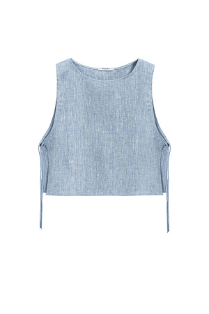 голубой Укороченный топ из 100% льна. Модель свободного кроя, без рукавов, с круглым вырезом горловины. Изделие фиксируется завязками по бокам.