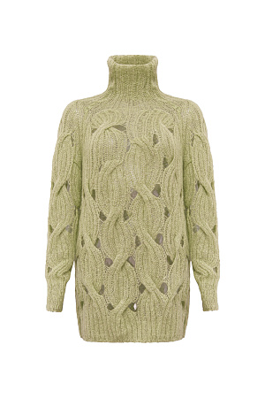 хаки Объемный удлиненный джемпер с мохером, вязка выполнена крупными косами. Высокий ворот под горло. Манжеты рукавов и низ изделия на резинке. 