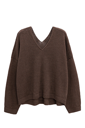 коричневый Трикотажный джемпер из 100% льна с V-образным вырезом. Модель прямого силуэта с длинным рукавом и удлиненной спинкой. Края изделия выполнены в рубчик.
