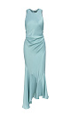 Атласное платье длины макси. Модель приталенного силуэта, с круглым вырезом горловины, без рукавов. Модель декорирована асимметричной юбкой и драпировкой на талии.