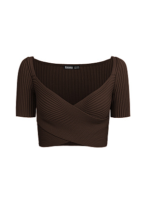 коричневый Короткий трикотажный топ из вискозы. Модель приталенного силуэта, с коротким рукавом, глубоким вырезом и скрещенным лифом. Изделие выполнено в рубчик.