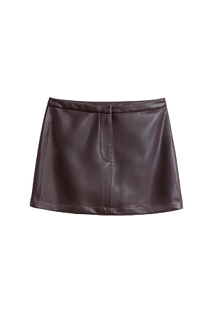 коричневый Юбка длины мини из экокожи. Модель выполнена на подкладке. Застежка на молнию, скрытые пуговицу и крючок.