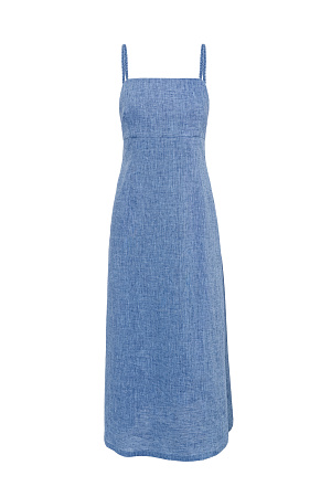 синий Сарафан длины миди из 100% льна. Модель приталенного силуэта, на тонких бретельках в виде косичек и высоким разрезом сбоку. Спинка изделия выполнена на резинке. 