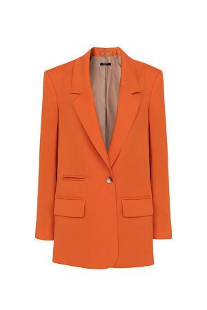 оранжевый Классический костюм, состоящий из однобортного жакета и брюк палаццо. Жакет прямого кроя судлиненной спинкой, лацканами и двумя прорезными карманами с клапанами. Брюки прямого кроя с боковыми карманами и застежкой на молнию.