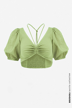 зеленый Короткий топ из 100% хлопка на тонкой кулиске вокруг шеи, рукава фонарики