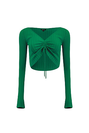 зеленый Трикотажный топ из вискозы с длинным рукавом. Модель с V-вырезом и регулируемой кулиской спереди. 