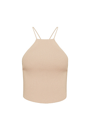 бежевый Трикотажный топ в рубчик из вискозы. Открытая спина на кулиске и тонких бретелях. 