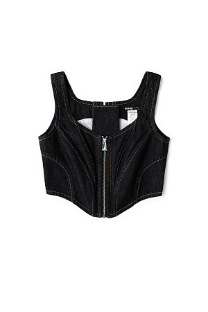 черный Джинсовый корсет из 100% хлопка с застежкой на молнии и лентой-завязкой на спинке. Дополнить образ можно джинсами и джинсовкой.