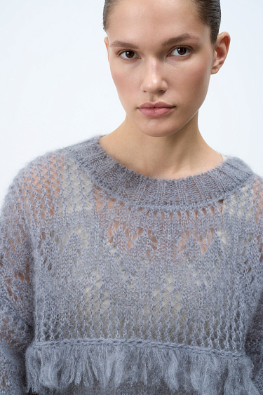 Ажурный джемпер с бахромой из кид мохера