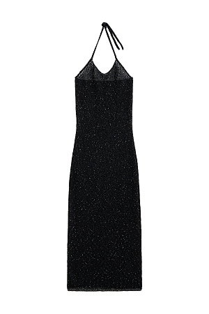 черный Трикотажное платье длины миди из хлопка с добавлением вискозы. Изделие декорировано мелкими пайетками. Модель прямого кроя с открытой спиной и двумя лямками-завязками на шее. Без подкладки.