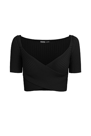 черный Короткий трикотажный топ из вискозы. Модель приталенного силуэта, с коротким рукавом, глубоким вырезом и скрещенным лифом. Изделие выполнено в рубчик.