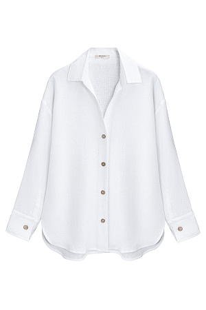 белый Рубашка из 100% льна. Модель свободного кроя, с отложным воротником, V-образным вырезом, длинными рукавами с манжетами на пуговицах.
