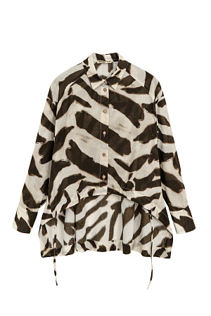 молочный Принтованная рубашка из 100% хлопка. Модель свободного силуэта, с удлиненной спинкой, длинными рукавами, классическим отложным воротником и регулируемой кулиской спереди. 